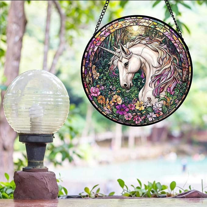 DASTOLL Stained Glass Window Hanging, Unicorn Flowers Suncatcher for Doors Home Sun Catchers Decoration and Christmas, Mother's Day Birthday Gifts for Women, Men, and Mom 14.9x14.9 in
