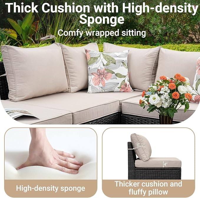 10-Piece Outdoor Patio Furniture Set with PE Wicker Sectional Sofa, Removable Cushions, Glass Coffee Table, Left and Right Armrest Rattan Conversation Set for Garden, Porch, Deck, Backyard(Beige)