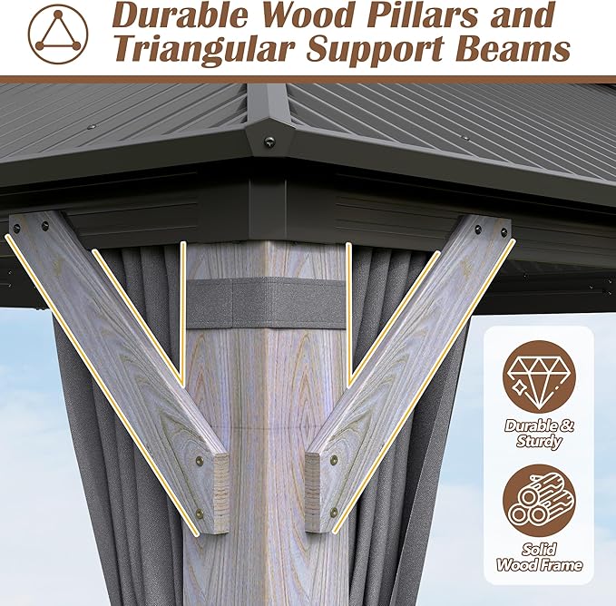 12' x 20' Wood Gazebo, Outdoor Hardtop Gazebo with Wood Posts and Galvanized Steel Doule Roof, Wooden Frame Gazebos with Netting and Curtains for Patio, Backyard, Dec