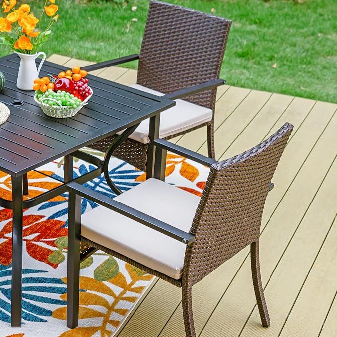 Sophia & William 5 Pieces Patio Dining Set for 4 People, Square Metal Patio Table and Rattan Chairs, 4 People Patio Table Set with 1.57" Umbrella Hole, Seat Cushions