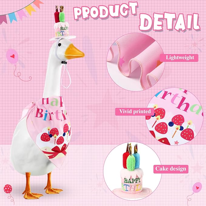 Dansydaisy Happy Birthday Goose Outfit Porch Goose Outfits with Happy Birthday Cake Hat and Bandana Yard Geese Outfits for 23" 17" Cement Plastic Geese Duck Decorations(Style 2,Pink)