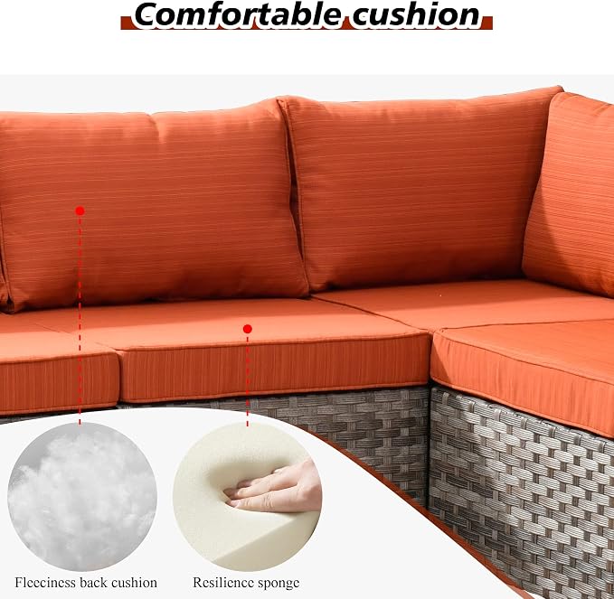 HOOOWOOO Outdoor Patio Sectional Furniture Sofa Set with Propane Gas Fire Pit Table,7 Piece Small Modern Wicker Couch with Widened Armrest,Modular Conversation Seating Set for Out Door(Orange Red)