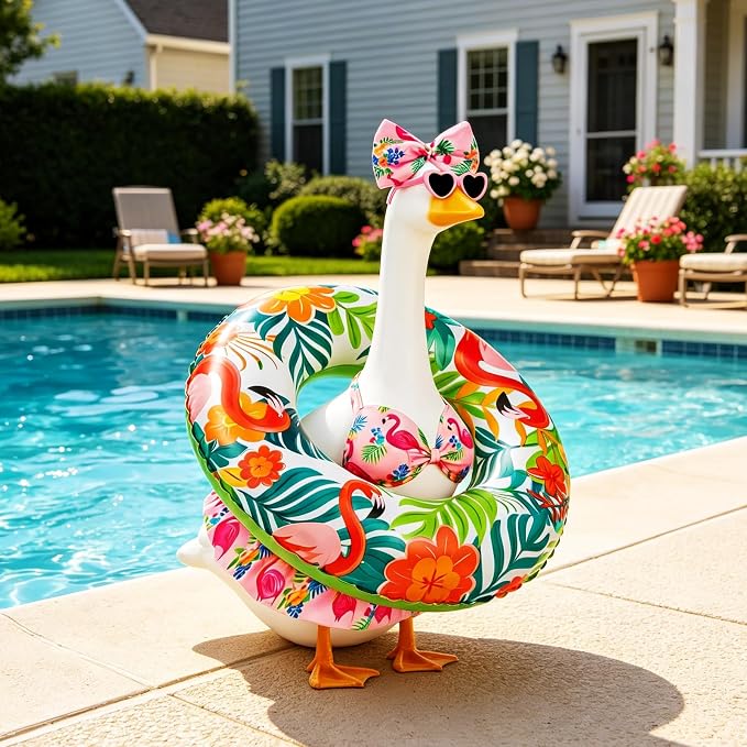 Porch Goose Summer Outfit, 23 Inch Hawaiian Bikini Costume, Accessories Include Bow, Sunglasses & Swim Ring, Fits Cement Goose Statue for Garden Patio Yard Outdoor Decor (Flamingo)