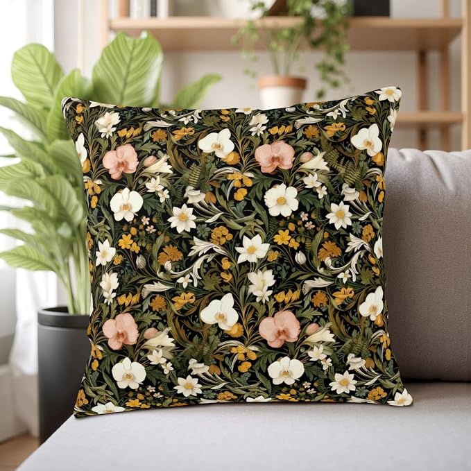 Spring Summer Dark Floral Throw Pillow Covers Vintage Flower Pillow Covers 18x18 Set of 2 Wildflower Botanical Outdoor Pillow Cases Rustic Boho Farmhouse Cushion Case for Porch Patio