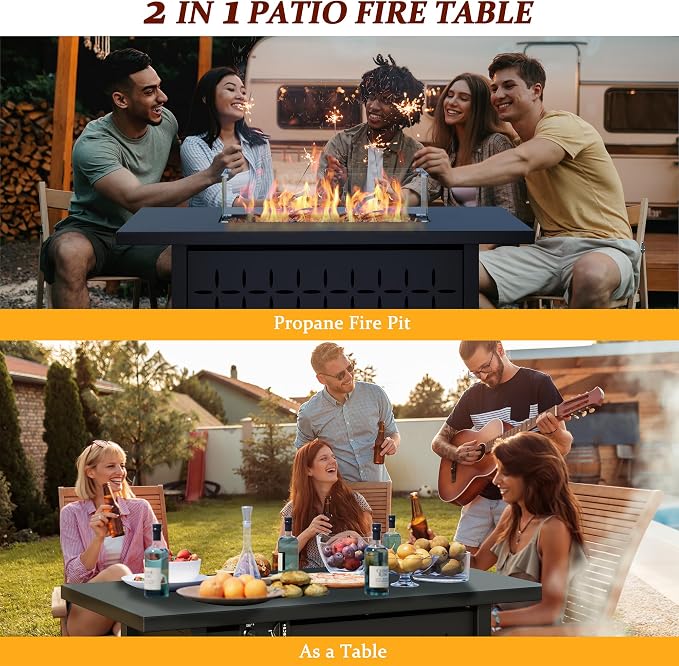 Vongrasig 8 Pieces Patio Furniture Set with 43" Fire Pit, Outdoor Couch Sectional Set, Small Conversation Set, 50,000 BTU Gas Fire Pit Propane Fire Table with Lid, Beige