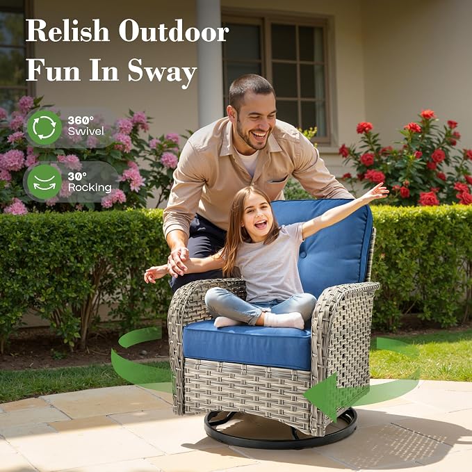 ovios 9 Pcs Patio Furniture with Fire Pit Table, Outdoor Rattan Wicker Conversation Set with Glowing Coffee Table, Comfy Sectional Sofa for Porch Balcony Backyard Pool, Blue