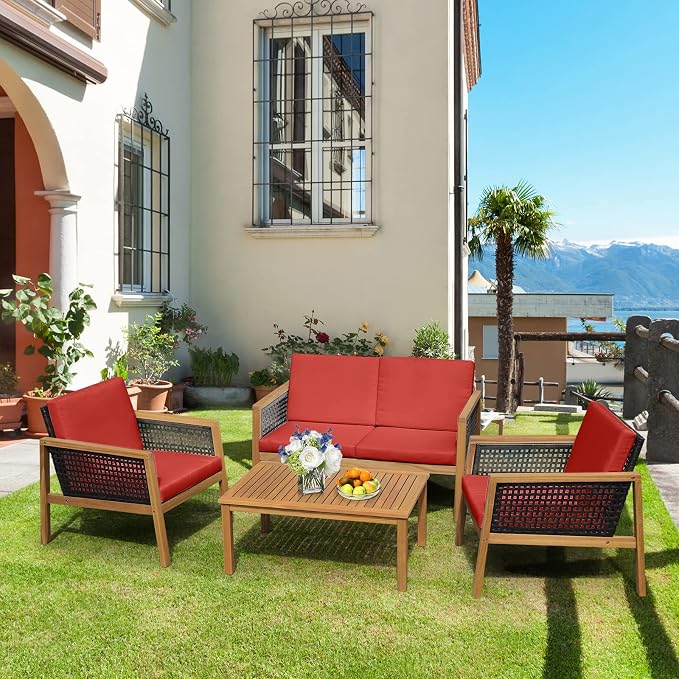4 Pieces Outdoor Acacia Wood Furniture Set, Outdoor PE Wicker Conversation Set with Coffee Table and Soft Cushions, Outdoor Sofa Set for Garden, Poolside and Backyard (1, Red)