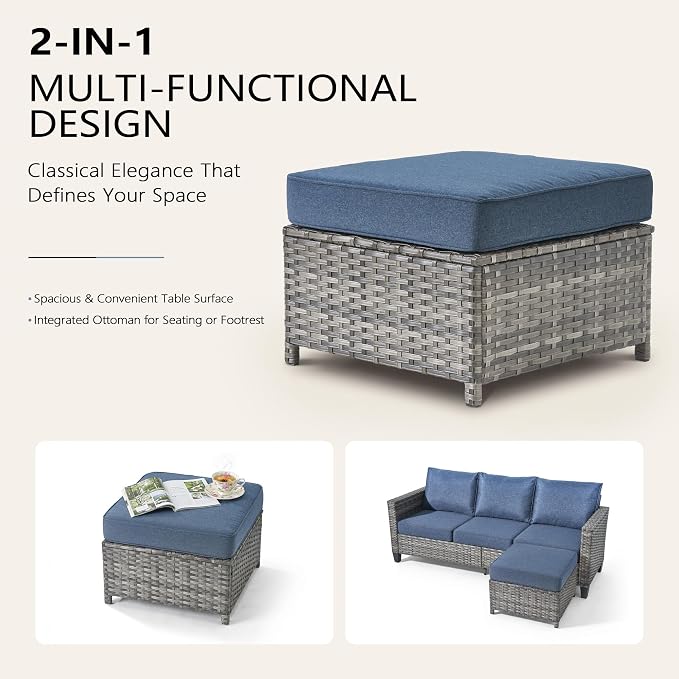 CAODOC 7-Piece Outdoor Wicker Patio Set with 7 Seats, Including 53" Fire Pit - Swivel Rocker Chairs and Conversation Set for Backyard or Lawn, Gray Rattan with Waterproof Blue Cushions