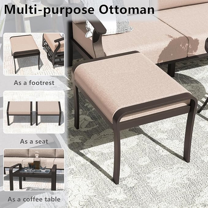 Aluminum Outdoor Patio Furniture Set,5 Seats Patio Conversation Sets with 2 Ottomans,Metal Patio Sectional Furniture Set with 2 Swivel Rocking Chairs, Sand
