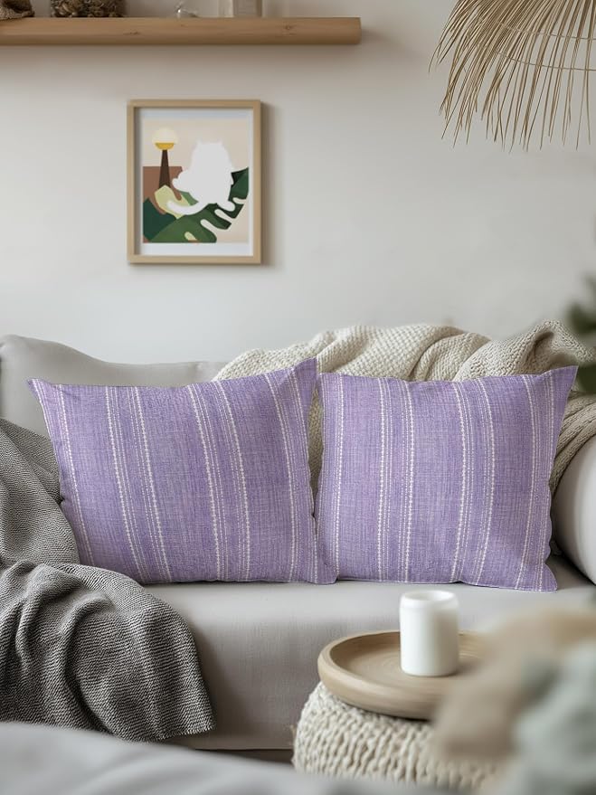 Waterproof Outdoor Pillow 1 Pack Lavender Linen Stripes Decorative Throw Pillows Cover & Insert 18x18 Inch Pillowcase Parallel Vertical Lines Pillows for Couch Sofa Bed Patio Furniture Indoor Outdoor