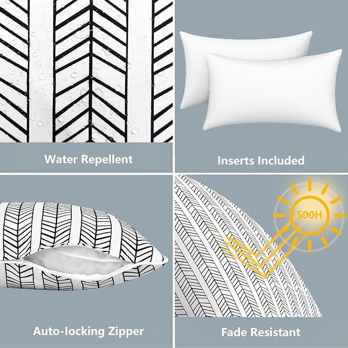LVTXIII Set of 2 Outdoor Lumbar Pillows for Patio Furniture with White Piping, 12"x20" Fade Resistant Patio Lumbar Pillows with Inserts for Home Coach Sofa Use, Herringbone Black White