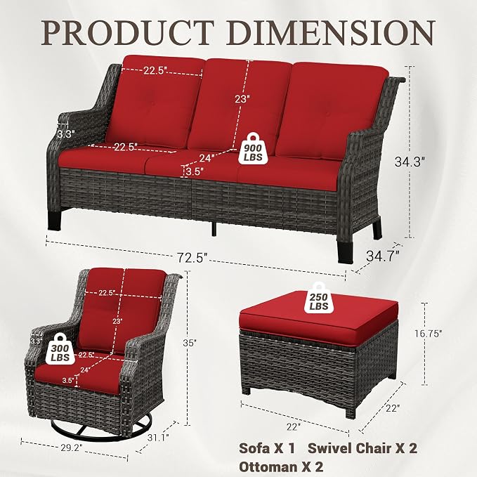 5 Pieces Patio Furniture Set, Outdoor Furniture Set with 2 Patio Swivel Rocking Chairs, 2 PE Rattan Ottoman, 1 Outdoor Wicker Sofa with Thick Cushions, Ideal for Backyard, Garden, Poolside, Red