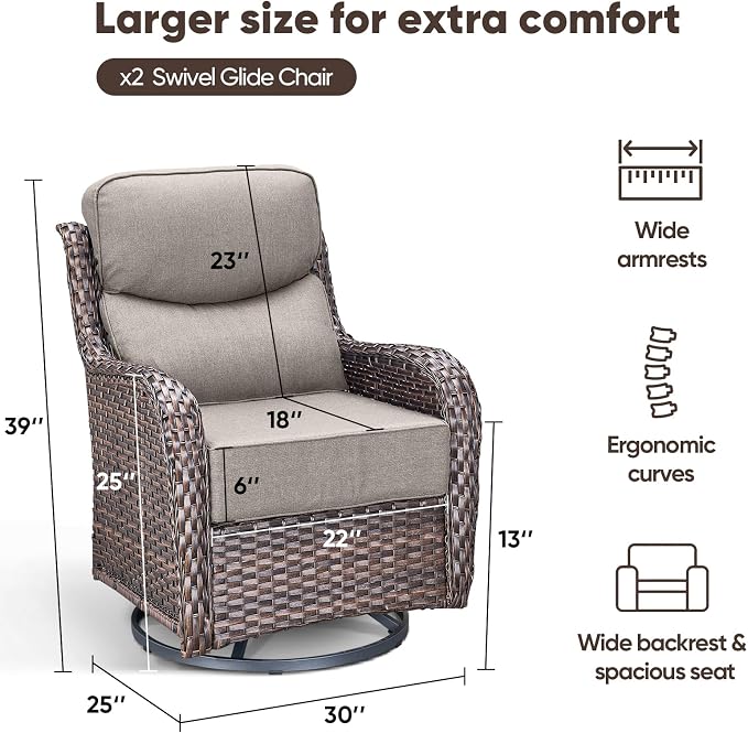 Swivel Patio Chairs Set of 2 with 6" Thick Cushion - Wicker Outdoor Swivel Rocker Patio Sets, High Back Comfortable Outdoor Glider Chairs 360° Rotation Glider Brown Wicker-Grey Cushion