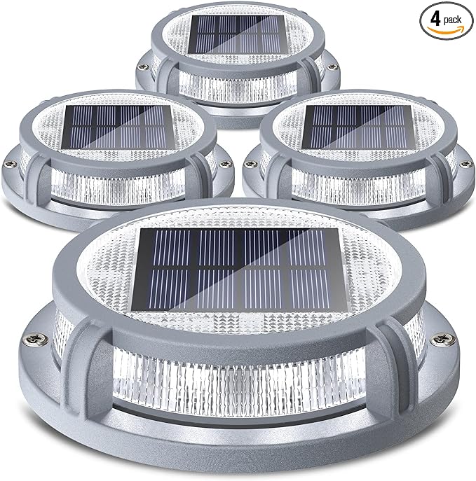SIEDiNLAR Solar Deck Lights Outdoor 2 Modes 16 LEDs Driveway Markers Dock Light Solar Powered Waterproof for Ground Step Pathway Walkway Stair Garden Road Yard 4 Pack (Cool White/Warm White)