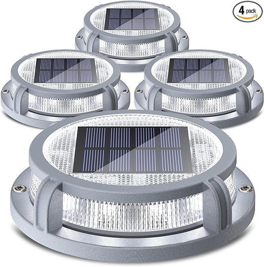 SIEDiNLAR Solar Deck Lights Outdoor 2 Modes 16 LEDs Driveway Markers Dock Light Solar Powered Waterproof for Ground Step Pathway Walkway Stair Garden Road Yard 4 Pack (Cool White/Warm White)