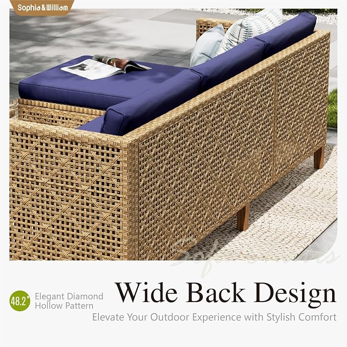 Sophia and William Wicker Patio Furniture Set, Boho Outdoor Conversation Set Rattan Sectional Sets with Acacia Wood Coffee Table for Garden, Porch, Deck(4 Seats, Navy Blue)