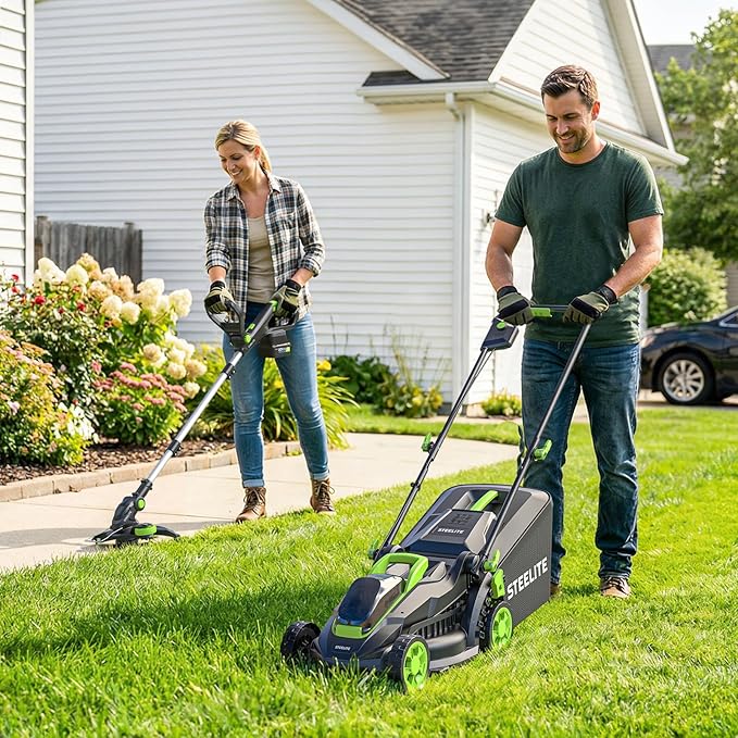 STEELITE 20V Electric Lawn Mower & String Trimmer Combo, 13-Inch Brushless Cordless Lawn Mower with 4.0Ah & 2.0Ah Batteries and Charger, Lightweight Push Mower & Cordless Edger