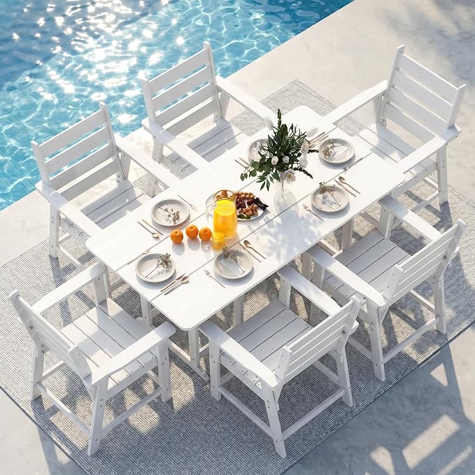 7-Piece Dining Set, HDPE Table & 6 Chairs, White | HDPE Dining Set: 69.1" Table + 6 Chairs, 380 lbs, 304 Stainless, All-Weather, No Rust No Crack, Outdoor Patio Garden