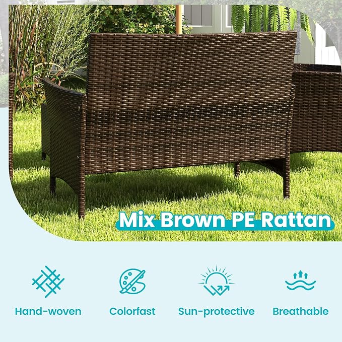 ORALNER 4 Pieces Patio Furniture Set, Rattan Chairs Loveseat with Soft Cushion and Glass Table, Outdoor Wicker Conversation Set for Balcony Garden Backyard Porch Poolside (Turquoise)