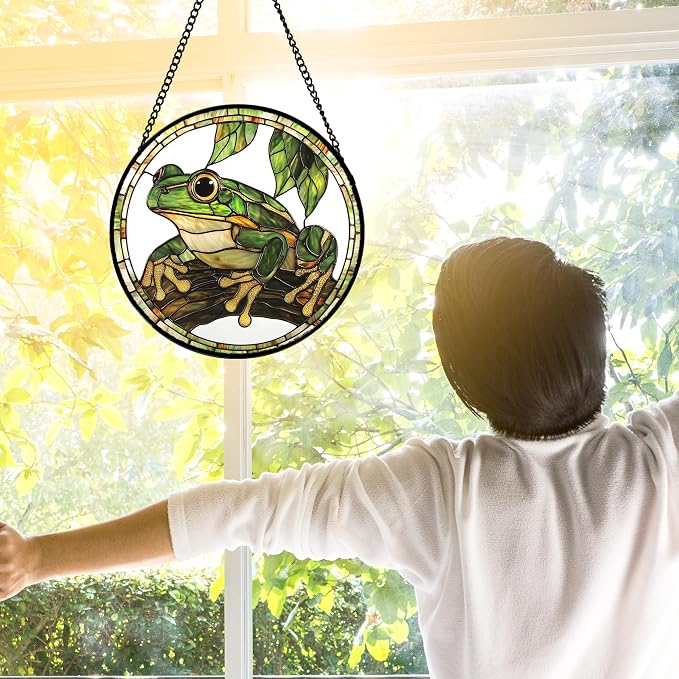 DASTOLL Stained Glass Window Hanging, Frog Green Leaf Sun Catchers Colorful Glass Panel Cool Suncatcher Decor for Birthday for Women, Men, Wife, Aunt, and Mom 7.8 in