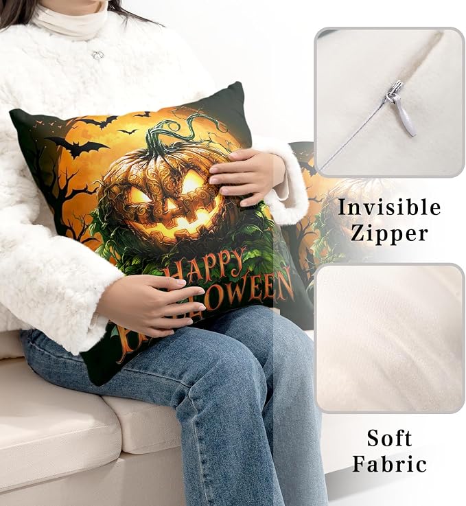 Halloween Pillow Covers Jack-O'-Lantern Outdoor Pillow Cases Spooky Pumpkin Throw Pillow Covers 16x16 Set of 2 Full Moon Bat Cushion Cases for Home Living Room Patio Porch