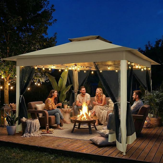 COBIZI 12x12 Pop Up Gazebos On Clearance - Upgrade Easy Up Metal Outdoor Gazebo Waterproof - Portable Gazebo with Mosquito Nettings, 4 Ropes 8 Stakes and Carry Bag for Patio Garden(Khaki)