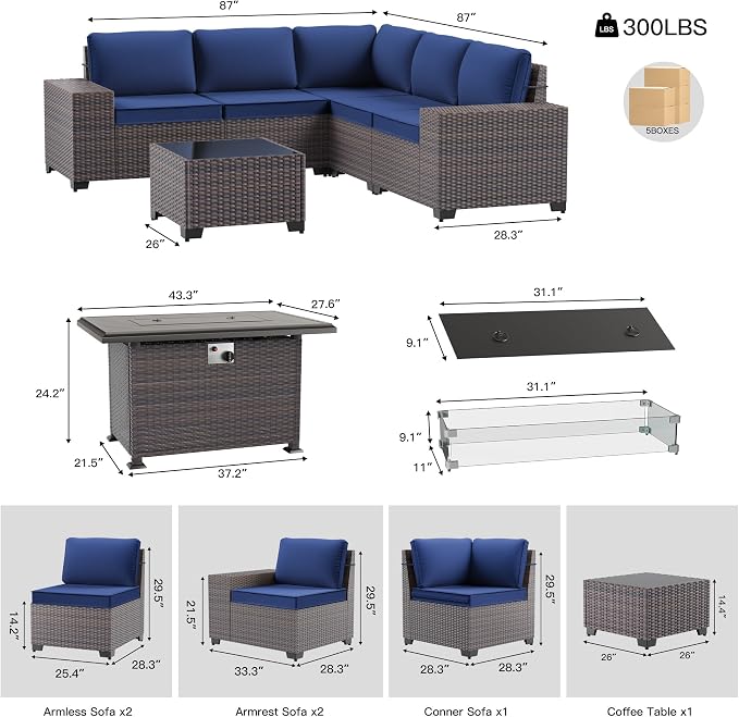 7 Pieces Outdoor Patio Furniture Set with 43"/55000BTU Gas Fire Pit Table,PE Rattan Wicker Outdoor Conversation Sofa Set Non-Slip Cushions Waterproof Covers for Backyard,Poolside,Garden,Navy