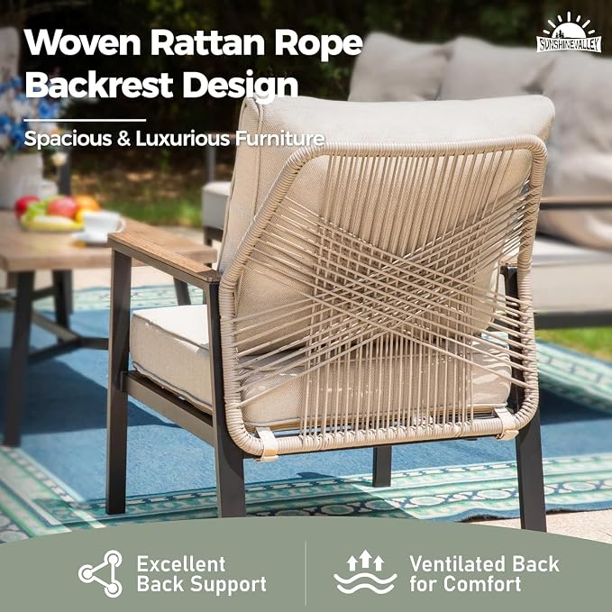 SUNSHINE VALLEY 4 Pieces Patio Furniture Set, High Back Rattan Outdoor Conversation Set with Thick Cushion and Coffee Table for Lawn Garden Backyard and Deck