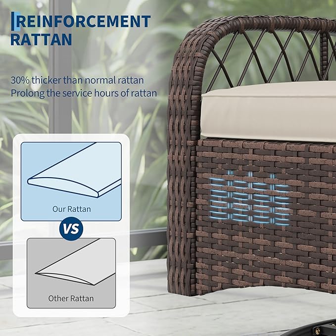 3-Piece Patio Furniture Set, 2 Swivel Rocking Chairs with 1 Rattan Side Table, Tempered Glass Tabletop, Patio Conversation Set for Deck, Porch, Garden, Poolside (Brown Wicker & Beige Cushions)