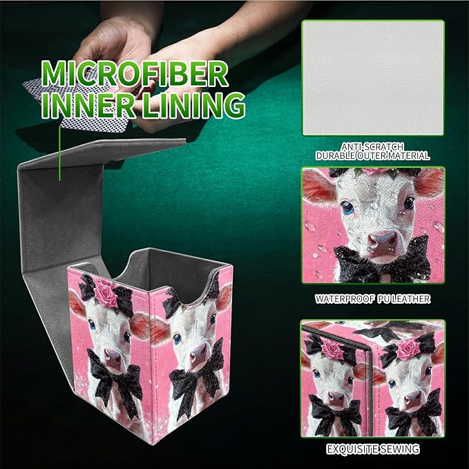 Pink Flower White Cow Card Deck Box for MTG, Personalized Card Storage Case Fits 120+ Sleeved Cards, Premium Leather TCG Box with Strong Magnetic Closure for Magic, PTCG, Baseball Cards