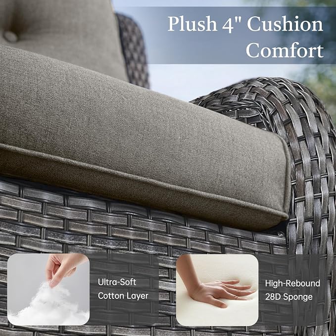 6 Piece Patio Furniture Set with Ottoman - All Weather Patio Conversation Set with 4 Inch Thick Cushions and Deep Seating Swivel Glider Chairs & Outdoor Couch for Porch Deck Yard Pool