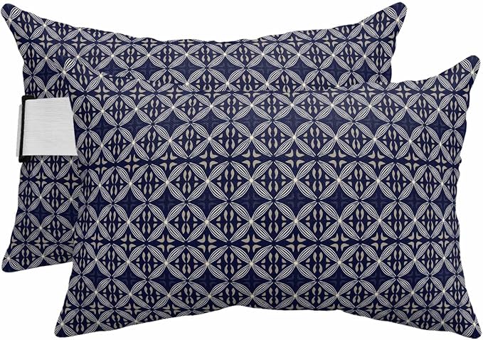 Blue Geometric Abstract Outdoor Pillows for Chaise Lounge Chair Beach Headrest Pillow Set of 2 Waterproof Lumbar Pillows with Insert&Strap Contemporary Modern Art Pillow for Patio Pool 12"x20"