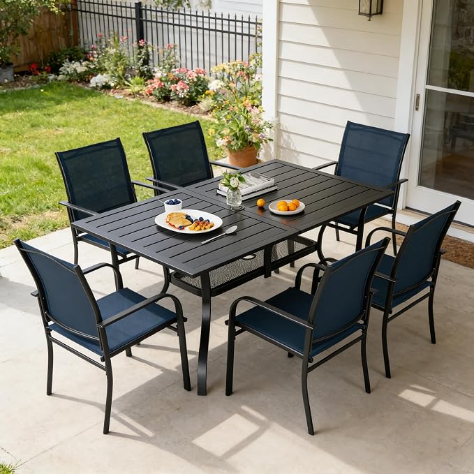SUNCROWN 7 Pieces Outdoor Dining Set, Patio Furniture Set with 6 x Textilene Dinning Chairs and 1 Steel Slat Metal Bistro Table for Garden Lawn Backyard Deck (Dark Blue)