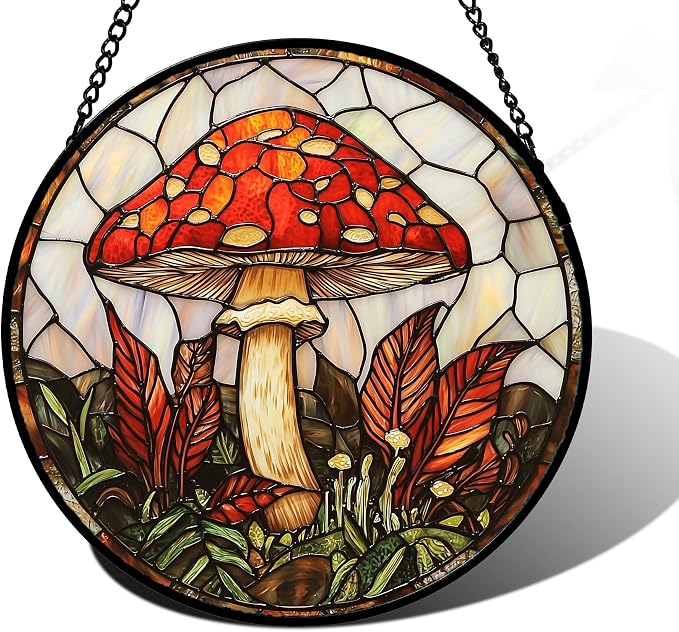 DASTOLL Stained Glass Window Hanging, Big Red Mushroom Suncatcher for Doors Home Sun Catchers Decoration and Christmas, Mother's Day Birthday Gifts for Women, Men, and Mom 11.8x11.8 in