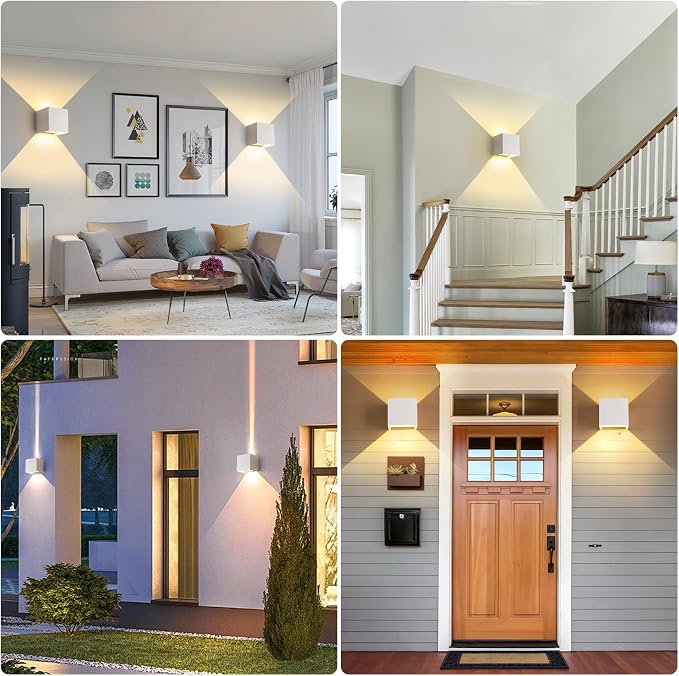 4 Pack LED Outdoor Wall Lights Exterior/Interior 3 Colors Adjustable 15W Wall Light Fixture IP65 Waterproof Porch Exterior Wall Sconce Modern Outdoor Lighting Square Aluminum White Up and Down Lights
