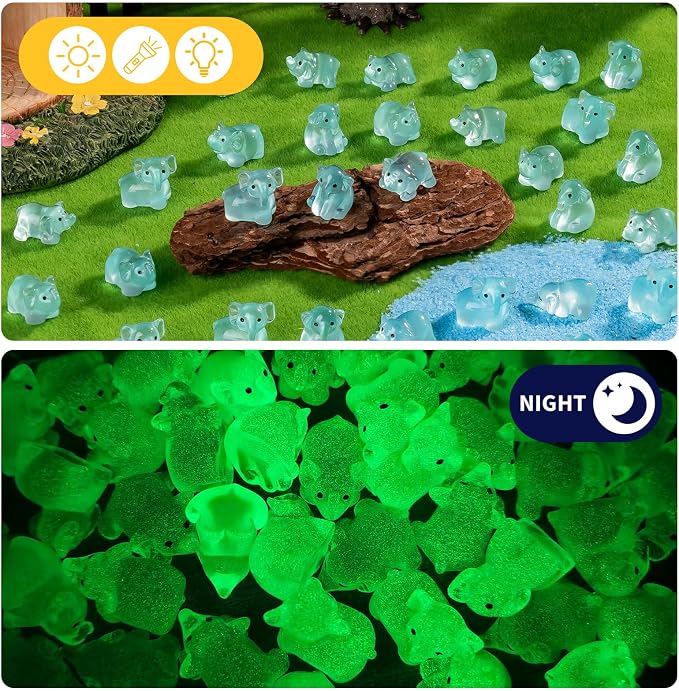 60 pcs Mini Resin Elephant Many Styles Variety Tiny Luminous Animals Figures Miniature Little Small Animal Figurines Bulk for Micro Fairy Garden Landscape Accessories Hide Crafts Decor Aquarium