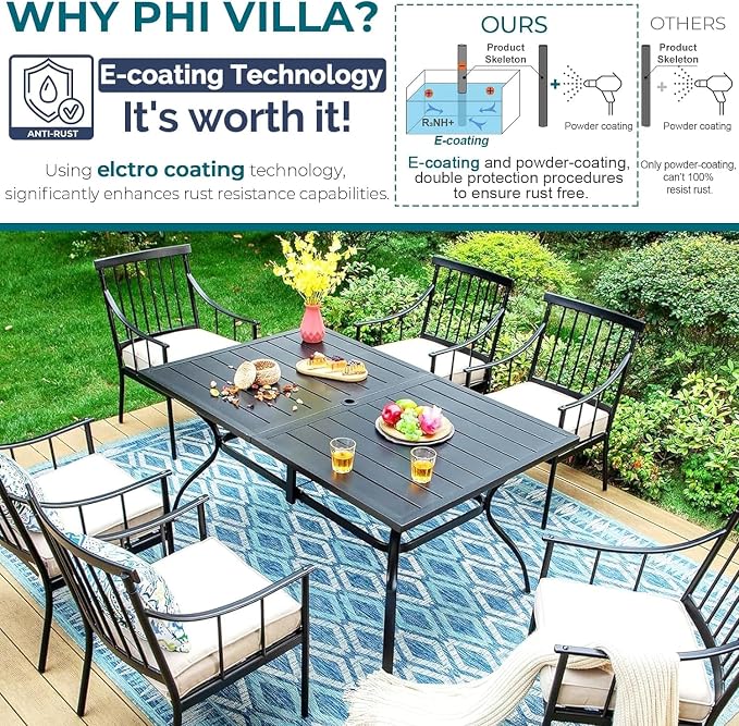 PHI VILLA 7 Piece Patio Dining Set, Rectangular Metal Table | Metal chairs, Fixed Chair, 13ft Large Beige Umbrella, 1.57" umbrella hole, Cushions, powder-coated
