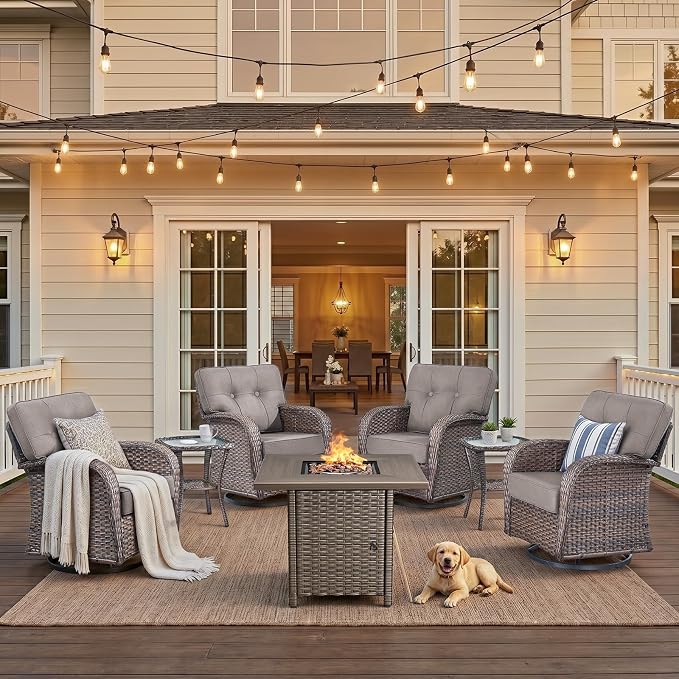 7 Piece Outdoor Patio Furniture Set with 30" Fire Pit Table,Conversation Sectional Wicker Couch with Swivel Chairs,Modern Outside Sofa for Balcony Backyard, Brown/Grey