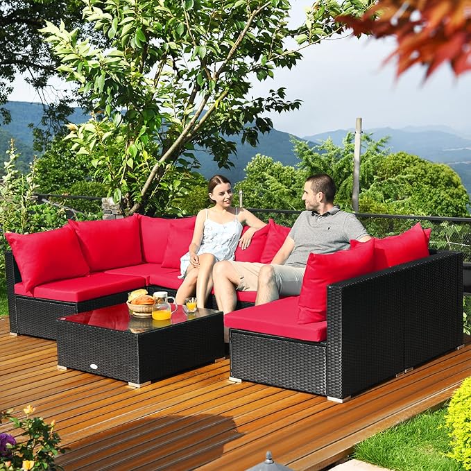 Tangkula 7 Piece Patio Furniture Set, Outdoor Sectional Sofa w/Pillows and Cushions, Wicker Sofa Conversation Set with Coffee Table, Patio Sofa and Tea Table Set for Garden, Lawn (Red)