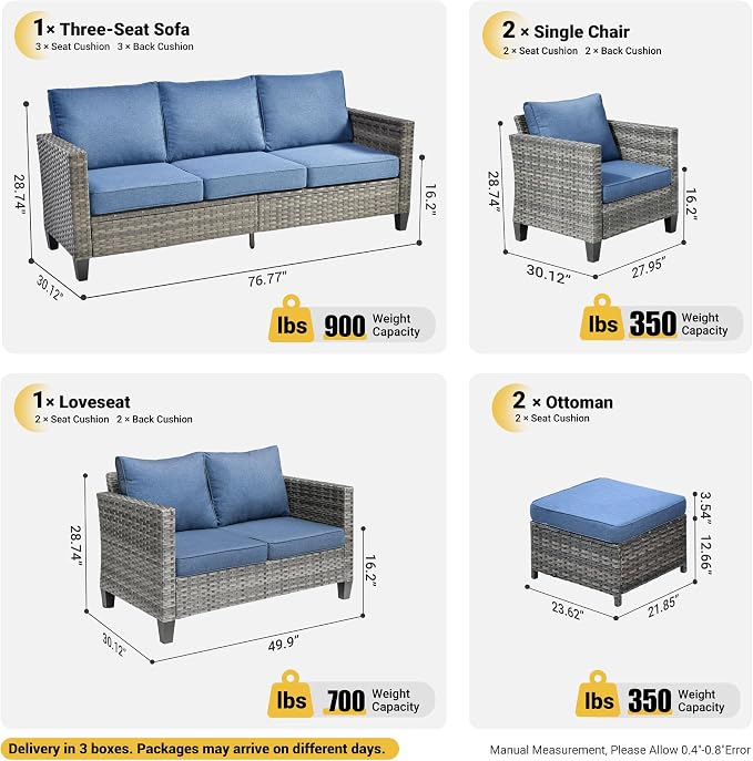 ovios 6 Pieces Patio Furniture Set, Outdoor Wicker Rattan Sofa Couch with Loveseat, Chairs, Comfy Cushions, Conversation Sets for Porch Deck Garden, Denim Blue