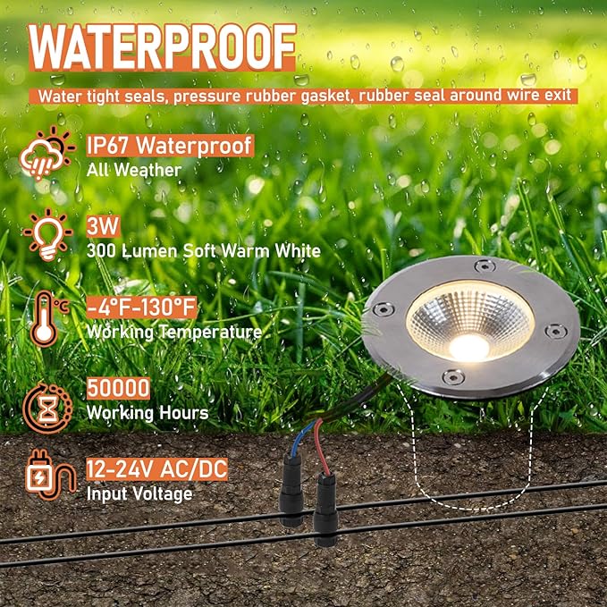 6 Pack Low Voltage Landscape Lights Well Lights 12-24V IP67 Waterproof In Ground Light and Outdoor Landscape Lighting for Garden Yard Driveway Deck Step Up Light with Connectors(Warm White)