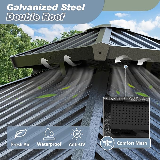 12'x20' Permanent Hardtop Gazebo Outdoor Grill Gazebo Aluminum Galvanized Steel Double Roof Outdoor Pergola Include Curtain and Netting for Backyard, Patio, Lawn