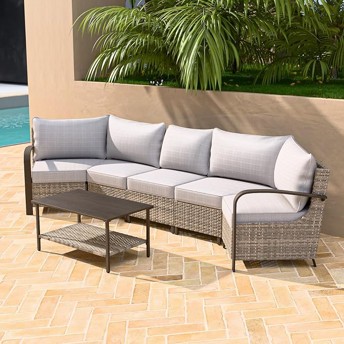 COOS BAY Aurora Terrace 4 Piece Outdoor Sectional Furniture Set, Half Moon Rattan Wicker Conversation Set with 5 Seat Sofa & Coffee Table for Patio Garden Yard, Beige/Beige