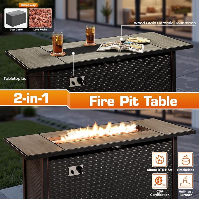 11 Piece Patio Furniture Set Outdoor Sectional with 54" Fire Pit Table, Swivel Rocking Chairs and L-Shaped Rattan Couch, Modular Conversation Set with Solar Coffee Table for Deck, Light Gray