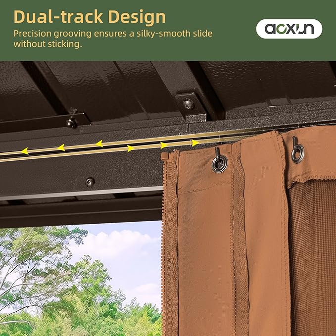Aoxun 12’x20’ Hardtop Gazebo, Permanent Metal Pavilion with Galvanized Steel Double Roof, Outdoor Pregola with Nettings and Curtains for Lawn, Garden, Patio (Brown)