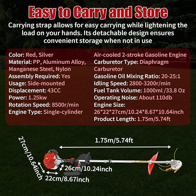43CC Gas Weed Wacker, 2-Stroke String Trimmer/Edger Single Cylinder Air Cooled Engine Multi Purpose Gas Powered Weed Trimmer with Straight Shaft Lawnmower Strings for Home Lawn Tea Garden Mowing