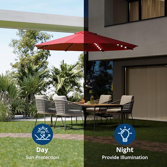 10 Ft Patio Umbrella With Solar Lights - Outdoor Table Umbrella With 40 LED Lights, Tilt Crank, 8 Ribs Market Umbrella for Pool, Deck, Backyard, Tan