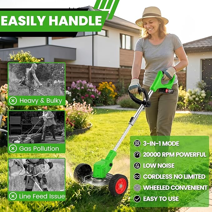 Electric Weed Wacker Cordless,21V Weed Eater Battery Powered,No String Trimmer Battery Operated Lawn Trimmer,3 In 1 Grass Trimmer/Brush Cutter/Lawn Edger,Lightweight Wheel Weed Trimmer for Garden Yard