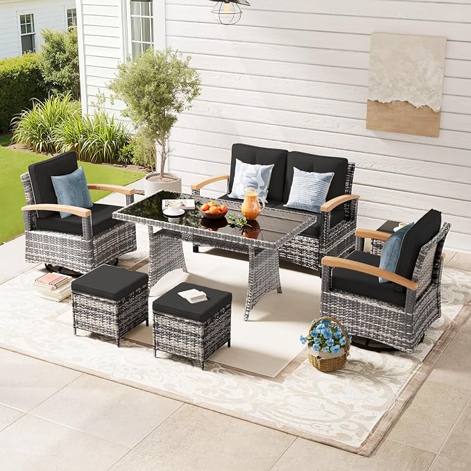 MEISSALIVVE 7 Pieces Patio Furniture Sets, PE Wicker Outdoor Conversation Sets with 2 Wood Armrests Swivel Rocker Chairs, 2 Ottomans, 2-seat Sofa and Dining Table (Black)
