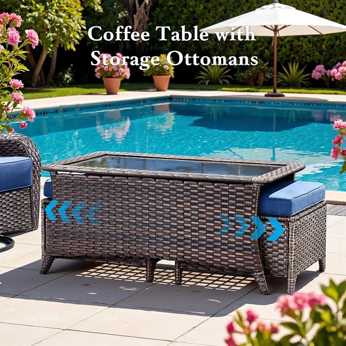 Belord Luxury 6" Thick Cushioned 11 Pieces Patio Furniture Set with Outdoor Couch, Wicker Outdoor Conversation Set with High Back Swivel Rocker Chairs for Deck Porch Yard and Poolside - Brown+Blue